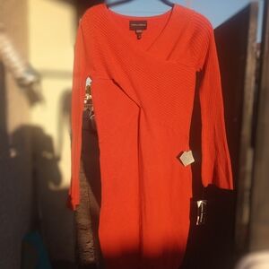 Ice Orange Long Sleeve Ribbed V-Neck Knit Dress